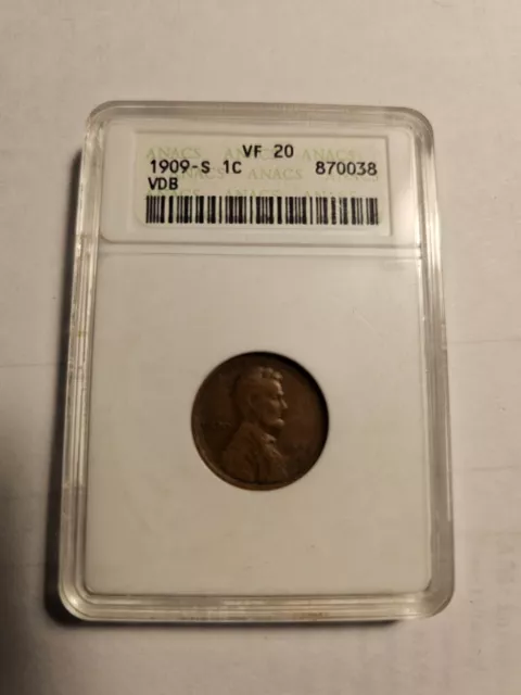 1909-S VDB Lincoln Wheat Cent 1C Penny - ANACS VF20 Detail - Rare Key Date Coin