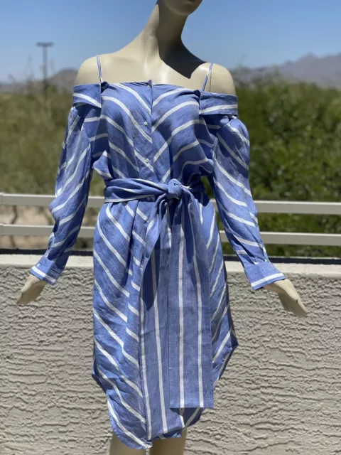 Maje Rulylle Blue Strip Linen Dress Medium