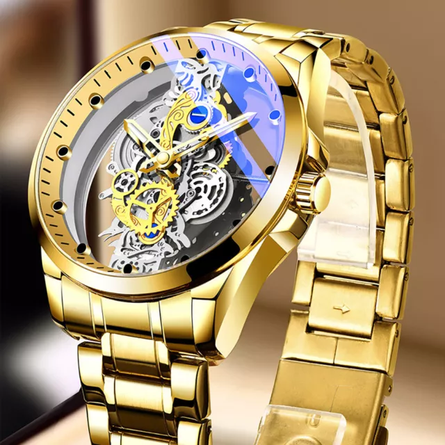 Luxury Men's Stainless Steel Watch Fashion Clear Skeleton Quartz Wrist Watches