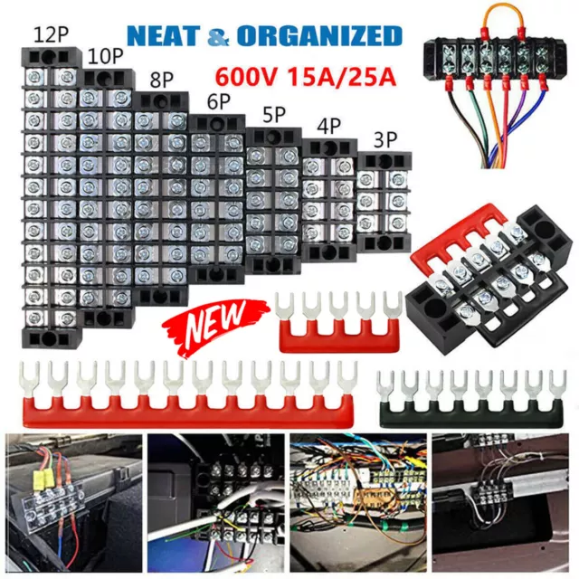 Dual Row 3-12 Position Screws Terminal Electric Barrier Strip Block 600V 15A 25A