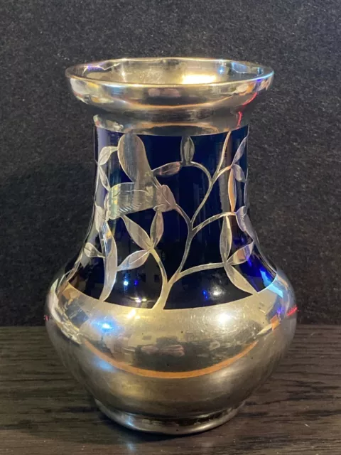 Vintage Friedrich Wilhelm Spahr Silver Overlay 1000 Vase on Cobalt Blue , Signed