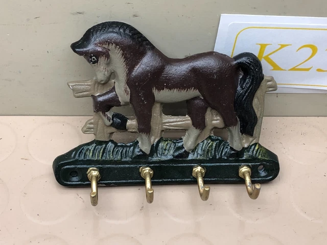 Vintage Cast Iron Barnyard Horse Key Holder 4 Hooks Wall Mount Farmhouse Décor