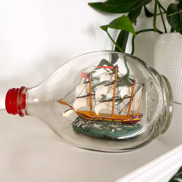 Vtg BONHOMME RICHARD Model Ship In A Bottle England Red Cap Haig Whiskey Dimple