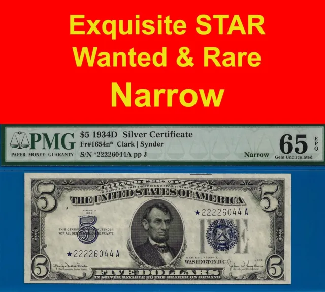 Impressive and Bold ✅ 1934-D $5 S/C ➡️ Narrow 🔴 STAR ⬅️ PMG 65EPQ - 26044