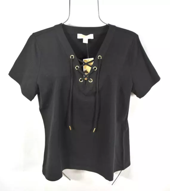 NEW Michael Kors Women's Blouse Size L Black Lace Up V-Neckline Top Shirt NWT