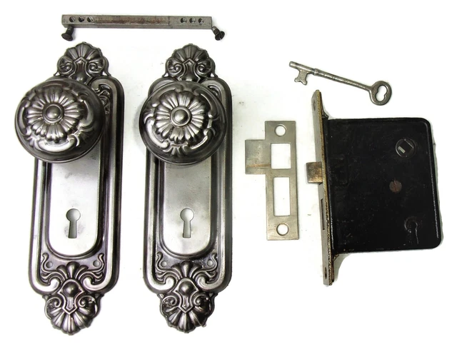 Antique Door Set Victorian / Eastlake Backplate Knob Mortise Lock Key Reclaimed