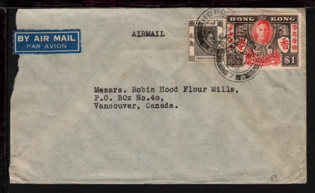 HONG KONG 1946 AIRMAIL COVER KGVI $1 VICTORY + 20c STAMP $1.20 Rate to VANCOUVER