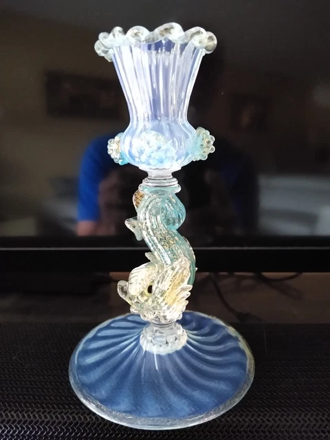 Vintage Venetian/Murano Hand Blown Opalescent Glass Candelstick with dolphin 5"