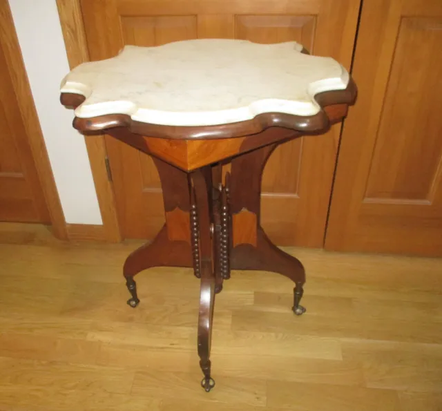 Unusual Victorian Antique Beveled Marble  Walnut  Parlor Table