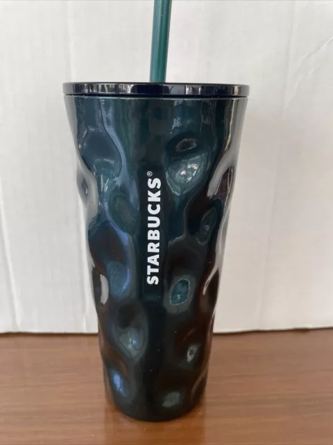 Starbucks Dark Green Teal Dimpled Glass Cold Cup