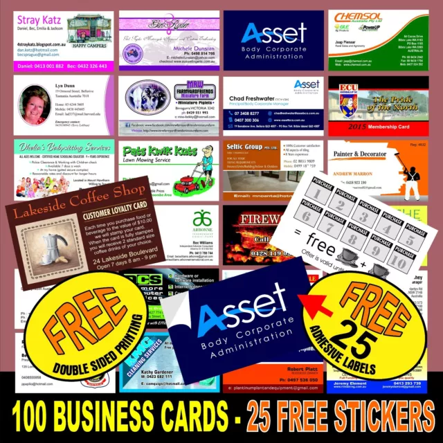 100 Business Cards  30 Free Stickers. Quality White Card With Double Sided Print