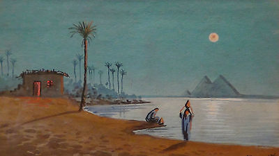 Antique 19C Arabian  Watercolor On Paper Egyptian Scene Night Moon Light Signed