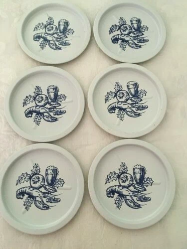 6 Vintage Tin Coasters with Lobsters - Blue & White - Beachy/Ocean Theme