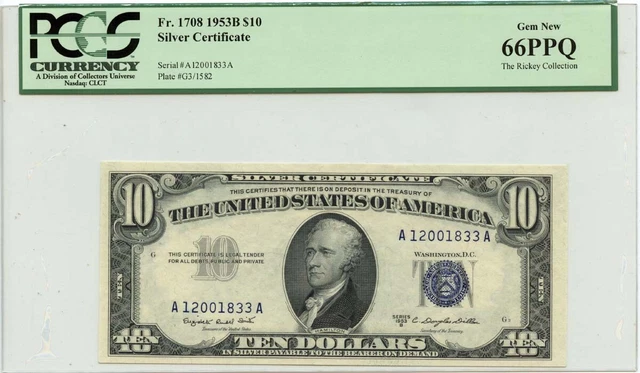 1953B $10 Silver Certificate Blue Smith Dillon Fr# 1708 PCGS GEM 66 PPQ