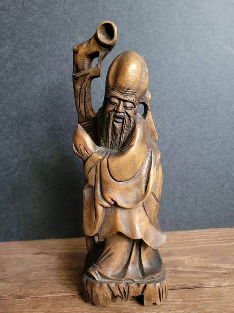 Chinese wood Carved Figure of Shou Lao God of Longevity 9.5'' T