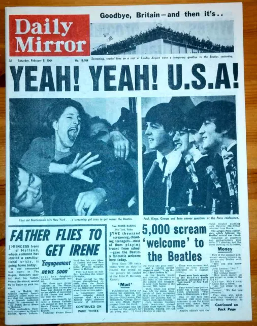 1964 Beatles Arrive in USA Daily Mirror Newspaper Old Retro Vintage Collectable