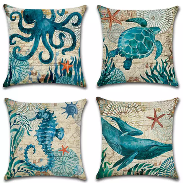 UK Marine Life Cushion Cover Pillow Case Linen Sea Turtle Octopus Seahorse Whale