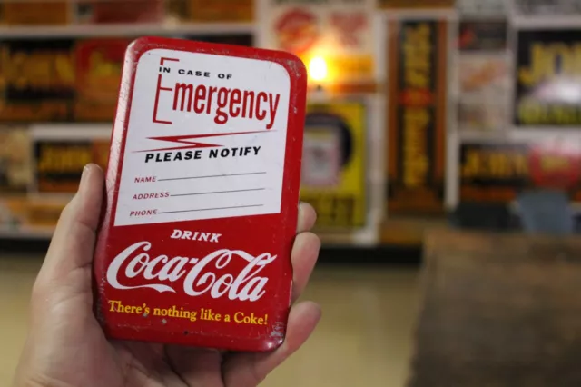 SCARCE 1950s DRINK COCA COLA STAMPED METAL EMERGENCY CONTACT SIGN COKE SODA POP