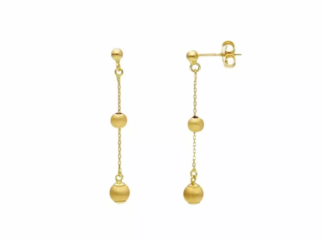 Orecchini Pendenti In Oro Giallo 18K, Con Doppia Sfera Satinata 4-5 Mm, 38 Mm