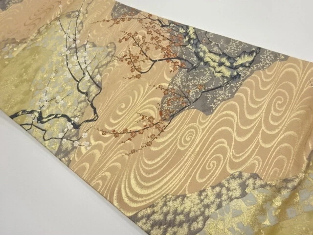 6029749: Japanese Kimono / Vintage Fukuro Obi / Woven Stream & Plum Blossoms