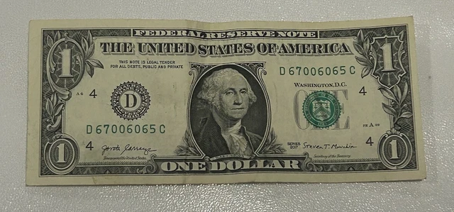 $1 One Dollar Bill #67006065 Fancy Serial Quadnary Note 90.8% Cool Numbers 2017