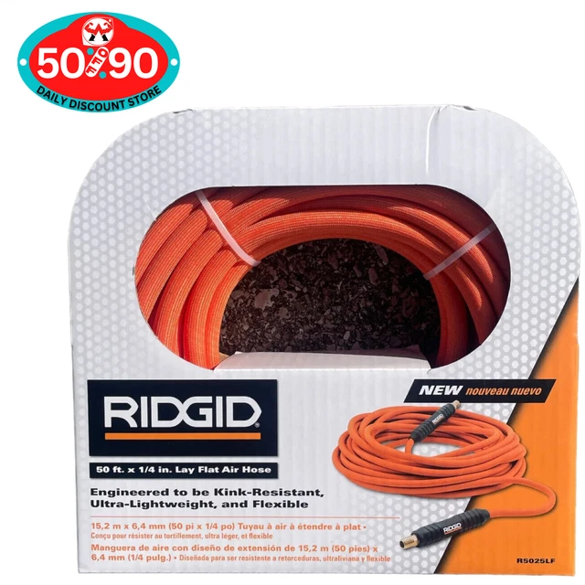 RIDGID Air Hose Compressor Accessory Lay Flat Flexible Heavy Duty 1/4 Inch 50 Ft