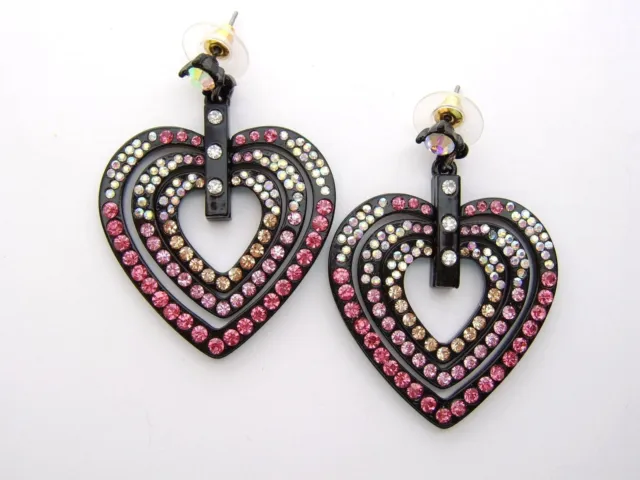 Betsey Johnson Black Pink White Crystal Triple 3 Heart Earrings Post Dangle New