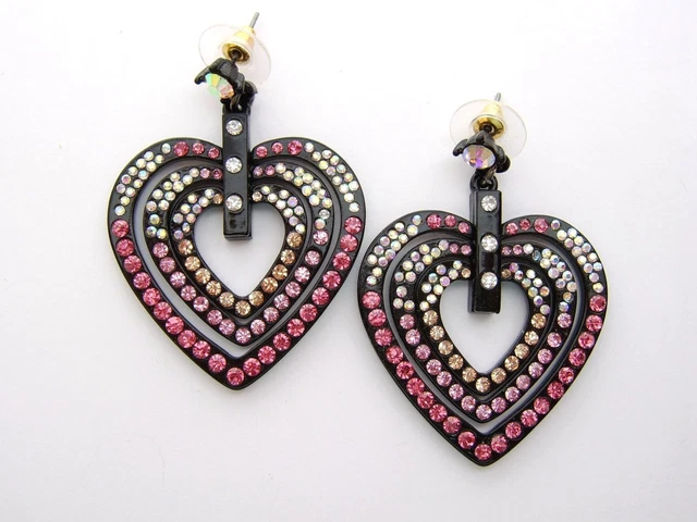 Betsey Johnson Black Pink White Crystal Triple 3 Heart Earrings Post Dangle New