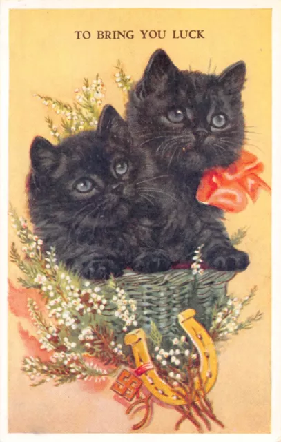 Tarjeta Postal Gatos Negro Gatitos Luck 3 Tarjetas)