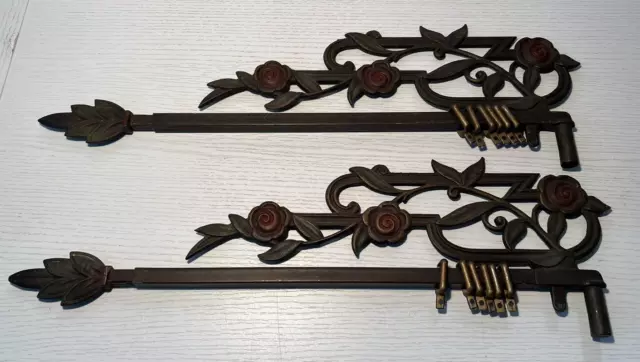 Vintage Cast Iron Swing Arm Curtain Rods Pair Metal Art Deco Leaf from 20s/30s