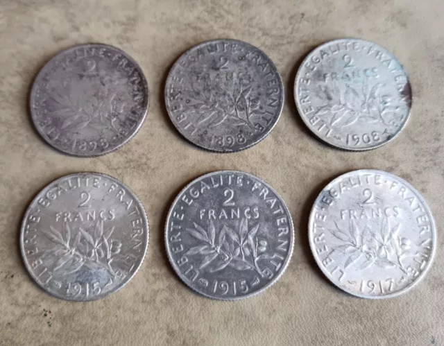 LOT 6 PIÈCES 2F EN ARGENT SEMEUSE 1898 1908 1915 1917 poids 60 GRAMMES BRUT