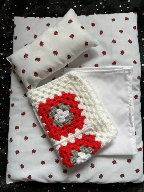 *New Design* Dolls Pram Quilt, Blanket and Pillow 4 piece bedding set Ladybug