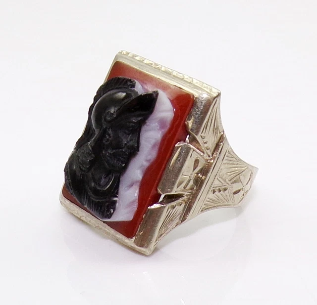 Vtg Heavy 14.2g Men's Cameo Roman Soldier 14K White Gold Pinky Ring Size 9 LME2
