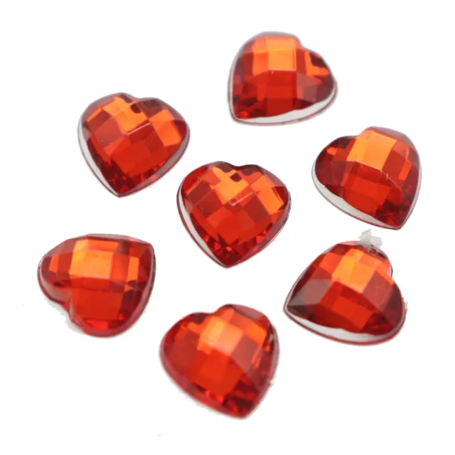 200 Red Acrylic Faceted Heart Flatback Rhinestone Gems 10X10mm No Hole
