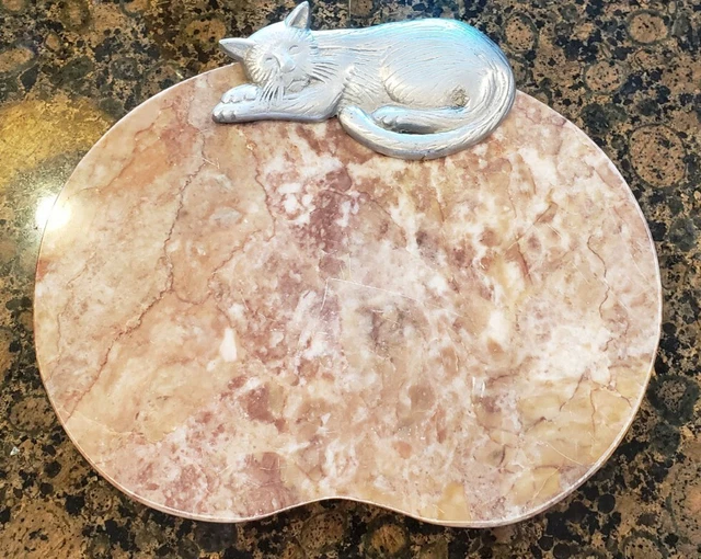 Vintage Earth Tones Marble & Pewter Cat Cutting Cheese Board  Chopping  11x9"