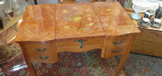 Coiffeuse Ancienne Louis XV En Marqueterie Fleurie - Bois Marron, Miroir Et Tiroirs