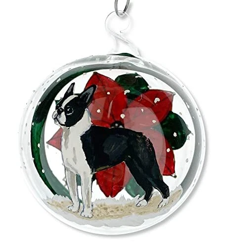 Boston Terrier Dog Glass Ornament – Austrian Glass Blown Hand Painted Art
