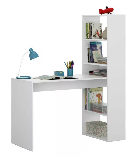 Mesa de ordenador PC y escritorio con estanteria reversible en blanco artic