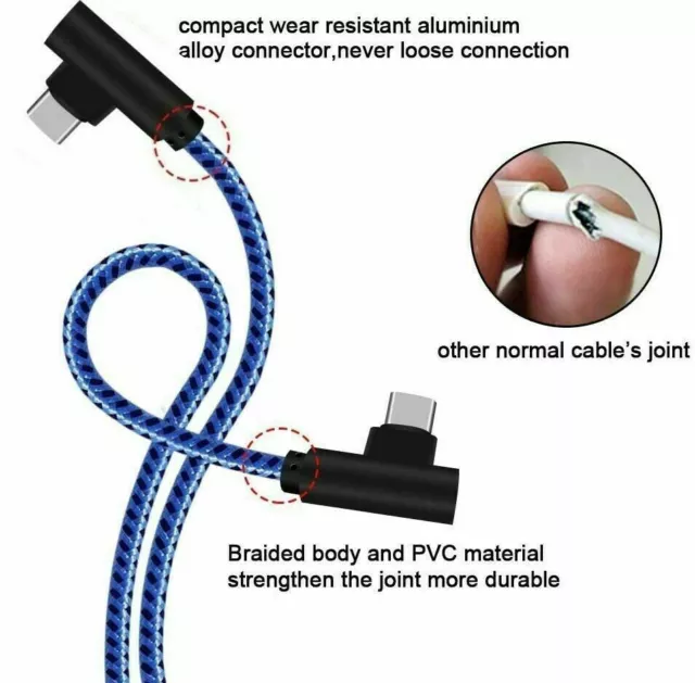 2 PACK 90 Degree Angle USB-C to USB-C Charger Cable Fast Charging Type Sync Cord 3