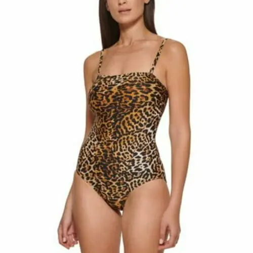 Calvin Klein Women s Leopard Print Strapless One Piece Swimsuit Brown Sz 6 13559