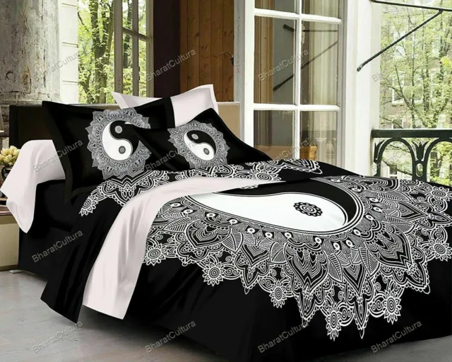 Indisch 137x213cm Mandala Baumwolle Einzeln Bettlaken Black Mit 1 Kissenbezug Sk