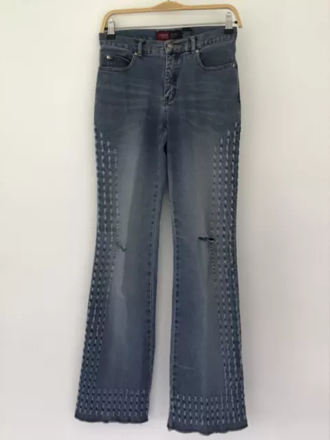 Vintage 90s Younique Distressed Striped Bootcut Denim Jeans Boho Hippie Y2K Sz 7