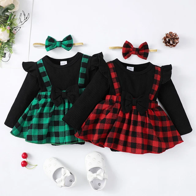 Newborn Baby Girls Christmas Tartan Ruffle Romper Dress Headband Xmas Outfit Set