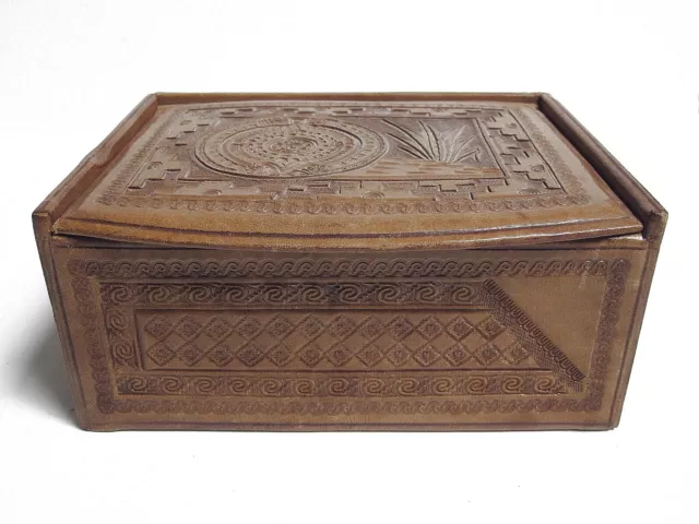 Hand Tooled Leather Jewelry Trinket Box Mayan Calendar Mexico Vintage