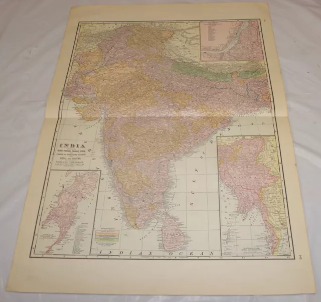 1911 Cram Antique COLOR Map/ INDIA /15x22.5"