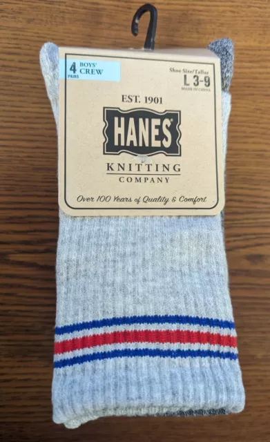 Hanes Knitting Company Pack Of 4 Pair Boys Crew Socks Shoe Size L 3-9