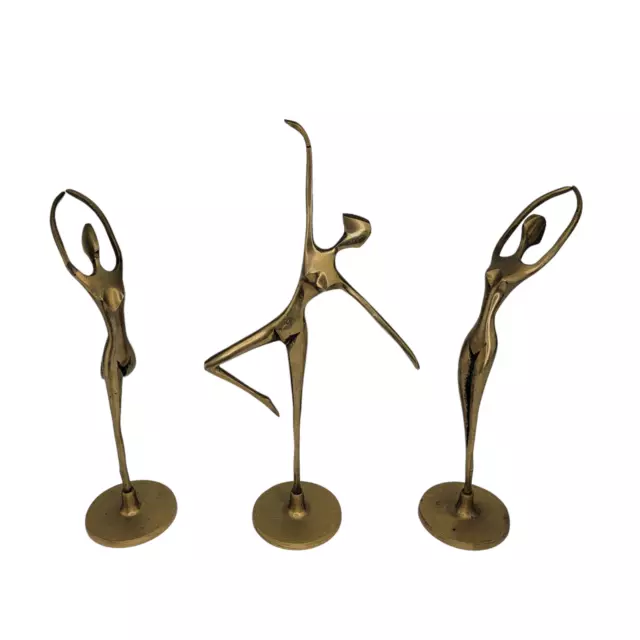 3 Vintage Mid Century Modern MCM Brass Dancing Woman Art Deco Figures 10.5"