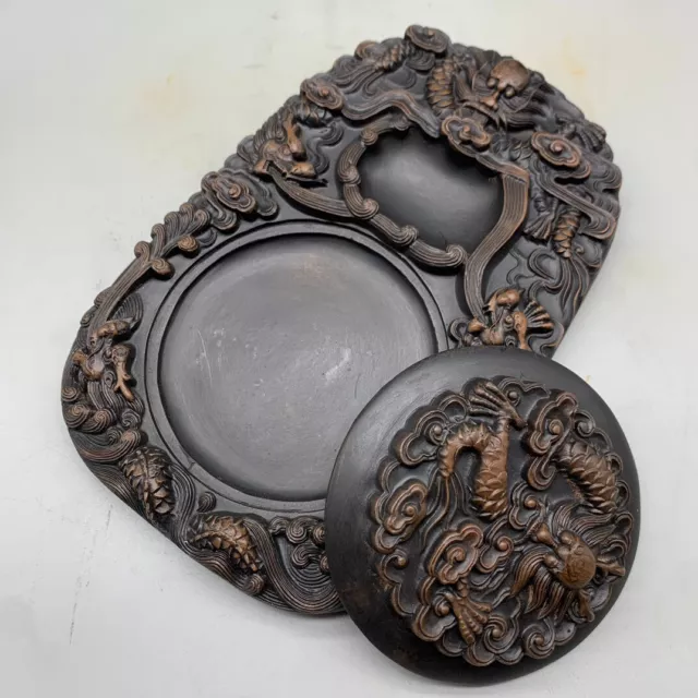 9″ Chinese Ancient Calligraphy tools carve dragon loong statue natural ink stone