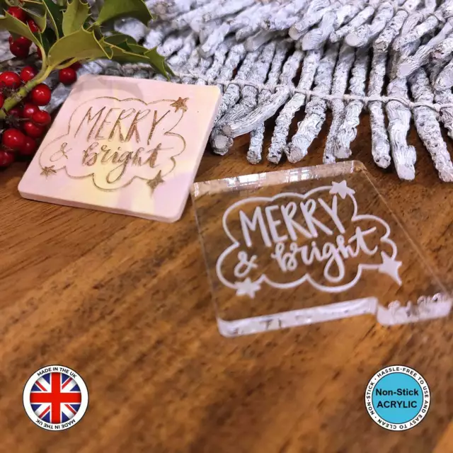 "MERRY & bright" Christmas Embosser Acrylic Stamp Cookie Cutter Fondant Cupcake