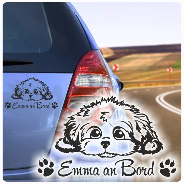 Auto Aufkleber Malteser Name an Bord Hundeaufkleber Pfoten Hund Sticker A4031